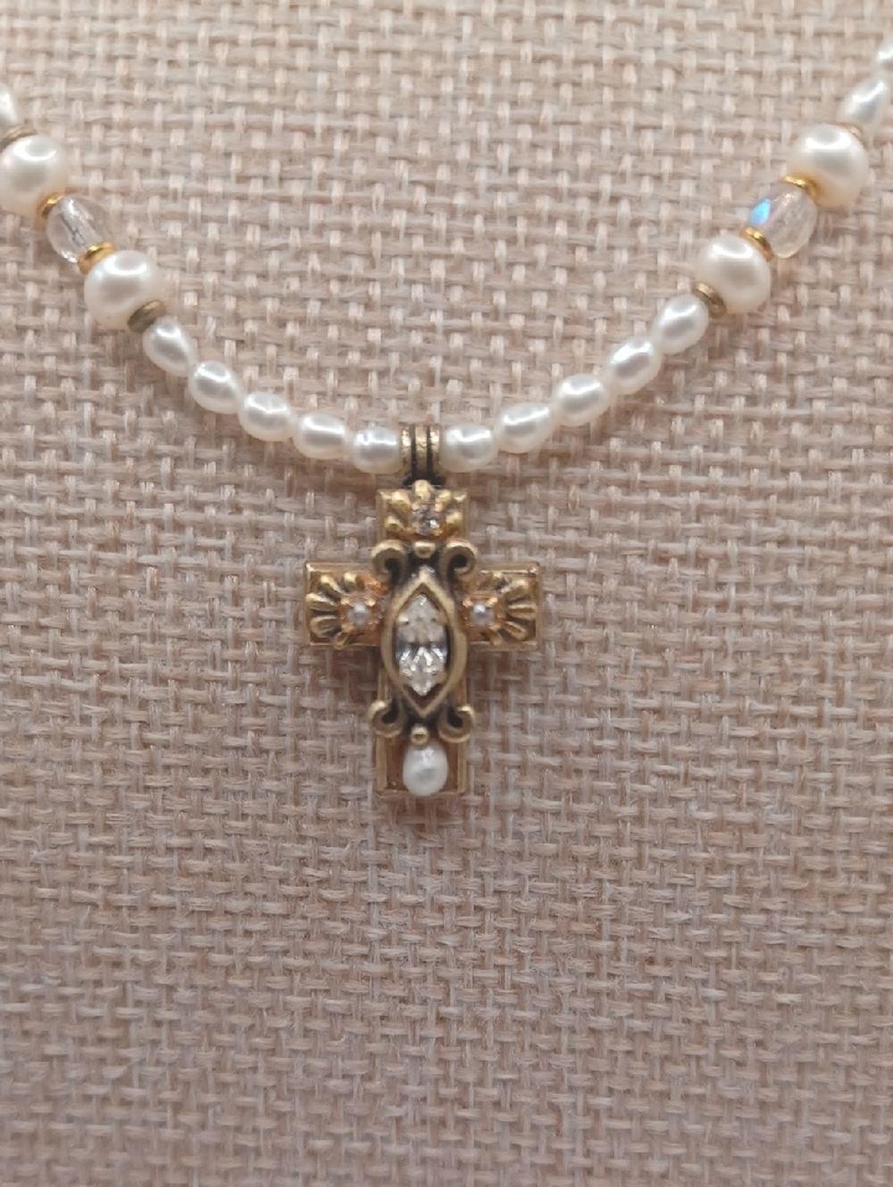 Michal Golan Pearl and Crystal Necklace with 24k EP Gold Cross Pendant - Picture 7 of 7